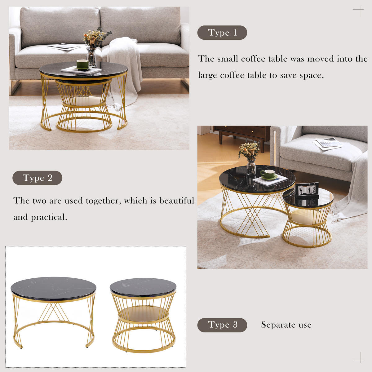 COUCHTISCH 2er Set Nesting Hochglanz Marmor Gold Rahmen - Schwarz, Holzwerkstoff (70/70/45cm) - FLIEKS