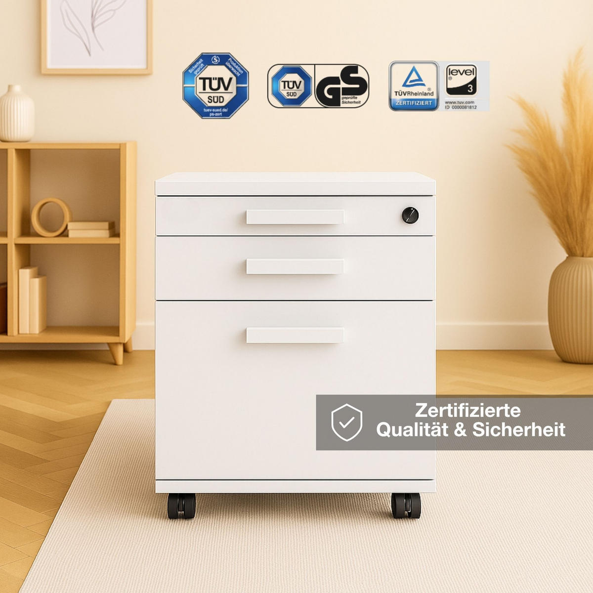 ROLLCONTAINER Pontis mit 3 Schubladen mit Griffen und Zentralverschluss - Weiß, Holz (41.5/53.3/58.4cm) - ASSMANN