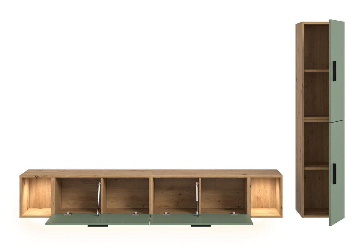 WOHNKOMBINATION inkl Beleuchtung THE ONE (B/H/T: ca. 259/182/34 cm) in Artisan Oak Nachbildung/Smoke Green - Eiche Artisan, Holzwerkstoff (259/182/34cm)