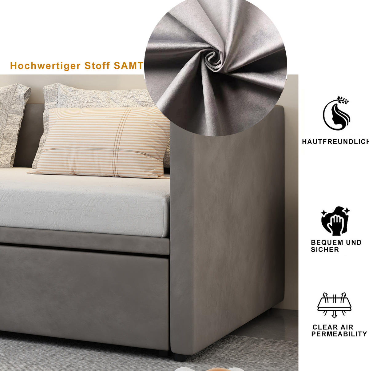 POLSTERBETT 90/200 cm aus Samtstoff mit ausziehbarer Liegefläche und Lattenrost Grau - Grau, Textil (90/200cm) - Modenvie