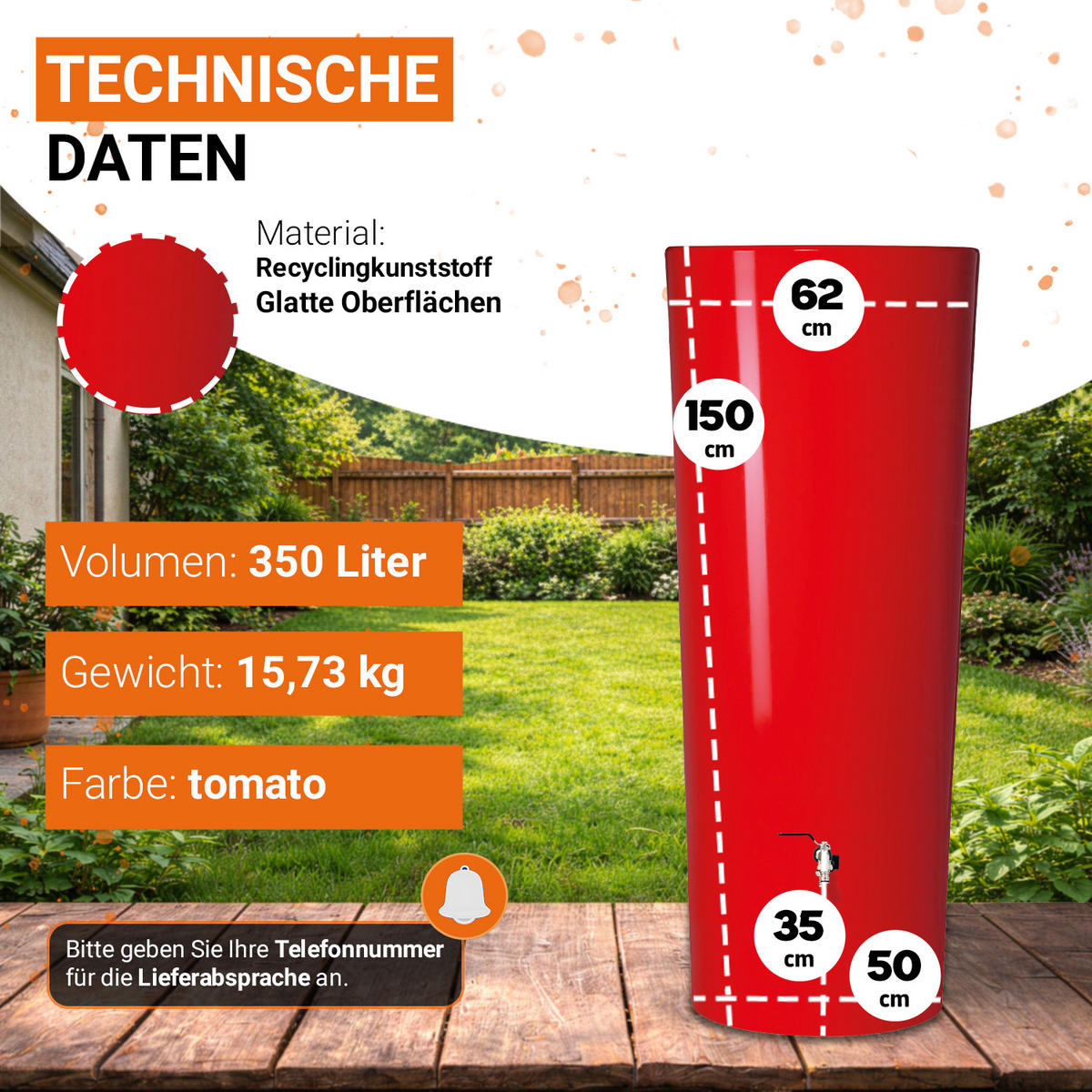 2IN1 Regentonne Komplett-Set 350 L, tomato inkl. Chrom-Doppelauslaufhahn und Fallrohranschluss - Rot, Kunststoff (62/150/80cm) - GARANTIA