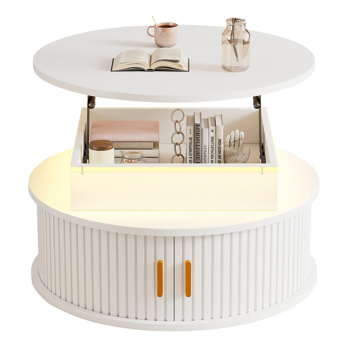 COUCHTISCH höhenverstellbar Weiß mit LED und Stauraum 75/75/52 cm - Weiß, Holzwerkstoff (75/75/52cm)
