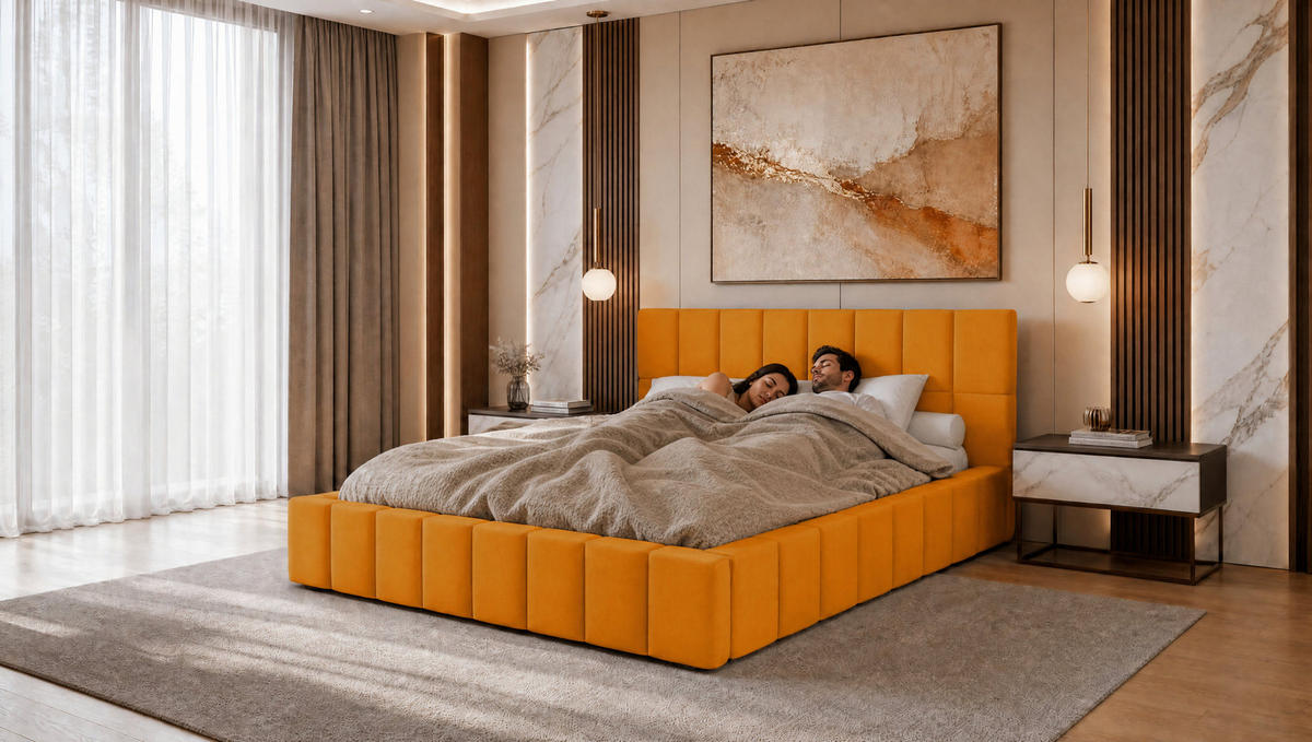 POLSTERBETT 140x200 cm, Alma, Doppelbett mit Bettkasten, Lattenrost aus Holz, Velourstoff, Gelb - Gelb, Holz/Textil (140/200cm) - Marpur