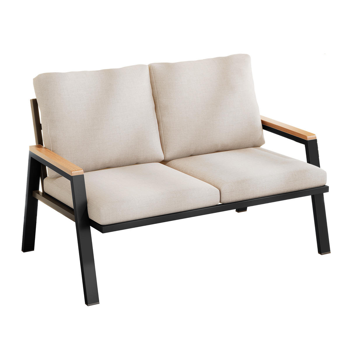 GARTENMÖBEL-SET 2-Sitzer Outdoorsofa Stahl WPC Armlehnen Graubeige - Grau, Textil (76/84/121cm) - FLIEKS