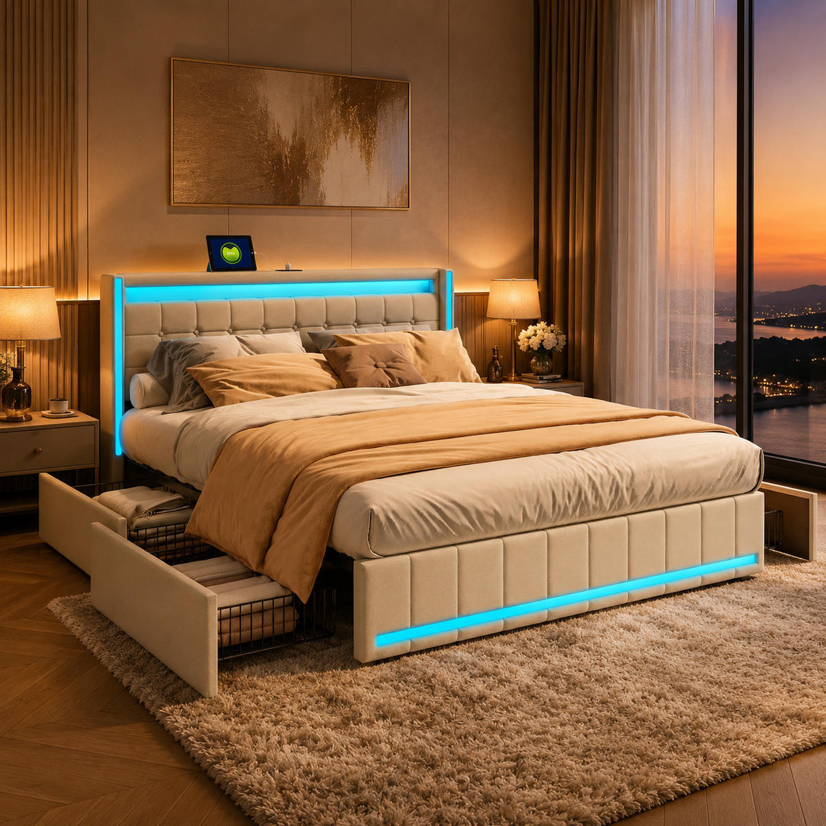 POLSTERBETT 140/200 cm Beige, mit 4 Schubladen, LED und Ladefunktion - Beige, Holz/Metall (140/200cm) - Joyfair