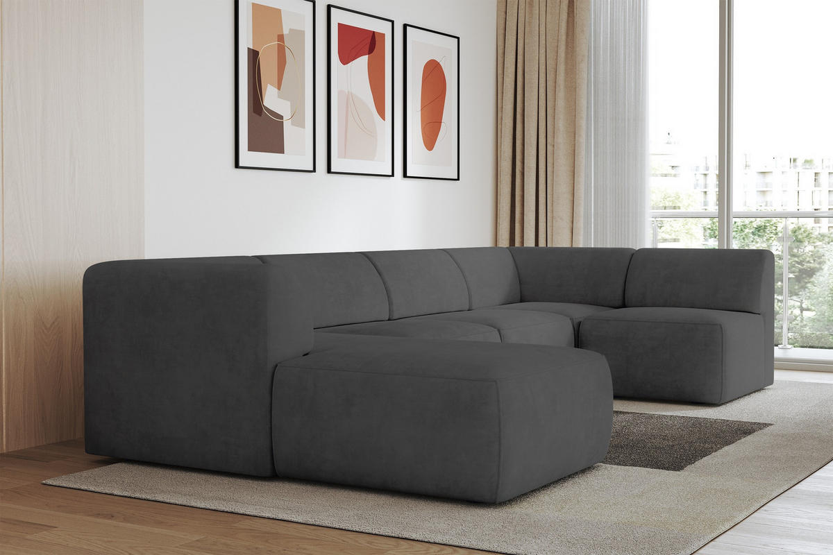 WOHNLANDSCHAFT Ottomane Links MOVA 345x180x78 Dunkelgrau Samt - Dunkelgrau/Anthrazit, Holzwerkstoff/Kunststoff (180/78/345cm) - ALTDECOR