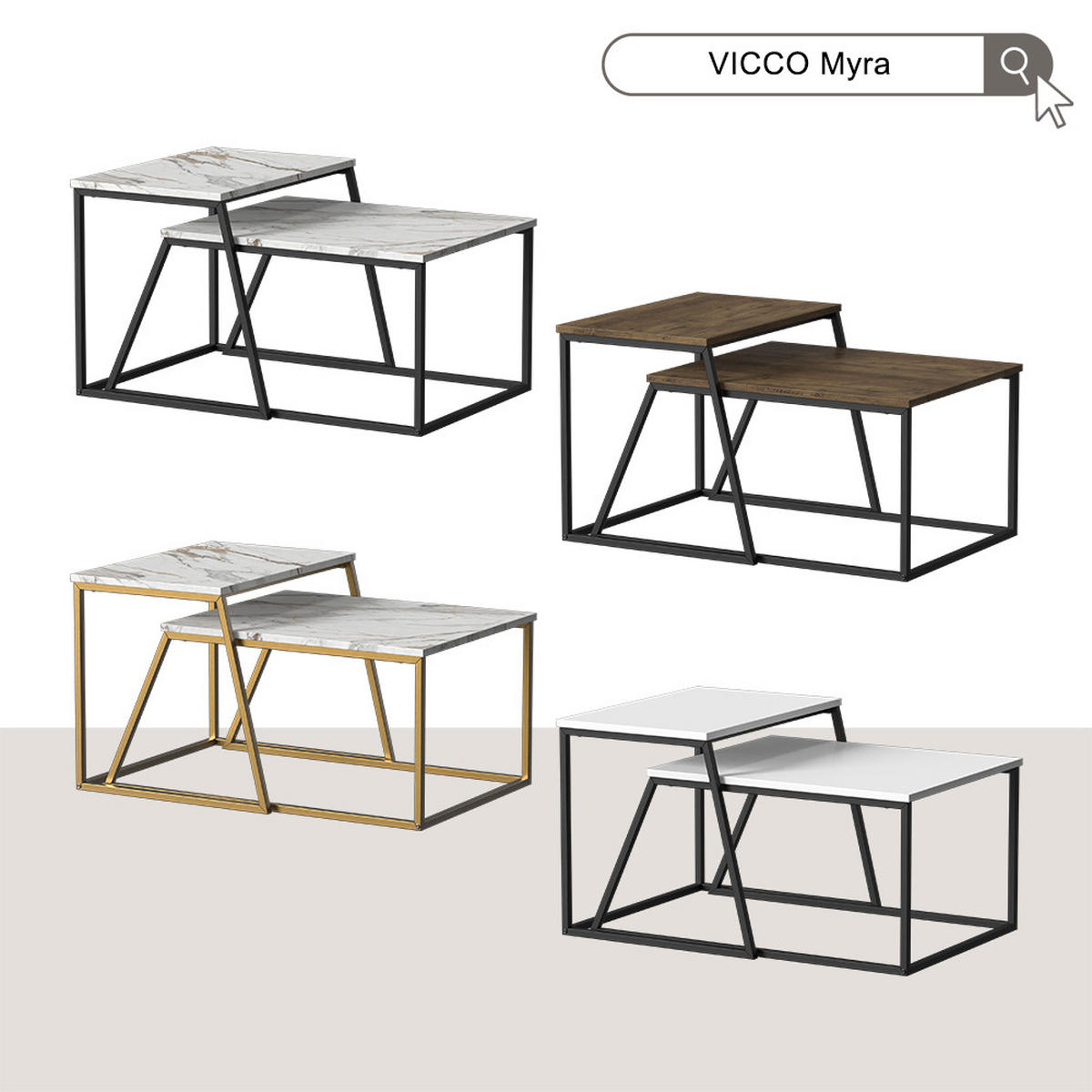 COUCHTISCH-SET Myra Schwarz/Marmor-Weiß 60 x 50 cm 2 Teile - Weiß Hochglanz/Schwarz, Holzwerkstoff (50/60/38cm) - Vicco