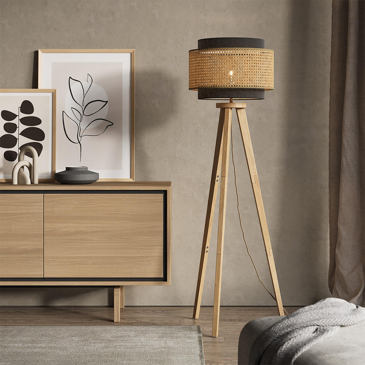 TALNA SVETILKA Morten Ratan/črna - črna, les (45/45/142cm) - Vicco