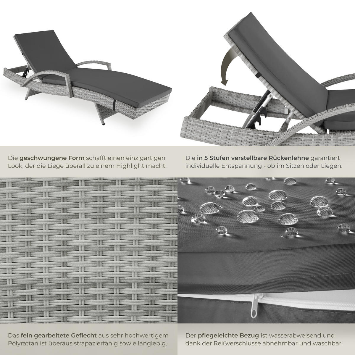 RATTAN-SONNENLIEGE Océane,190 x 71 x 34 – 74,5 cm,hellgrau - Hellgrau, Kunststoff (71/74.5/190cm) - tectake