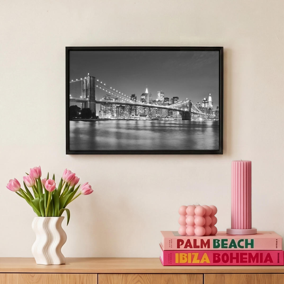 LEINWAND Bilder mit Rahmen - New York - Brücke - Brooklyn - Schwarz und weiß - Architektur - 30x20 - Schwarz, Textil (30/20cm) - MuchoWow