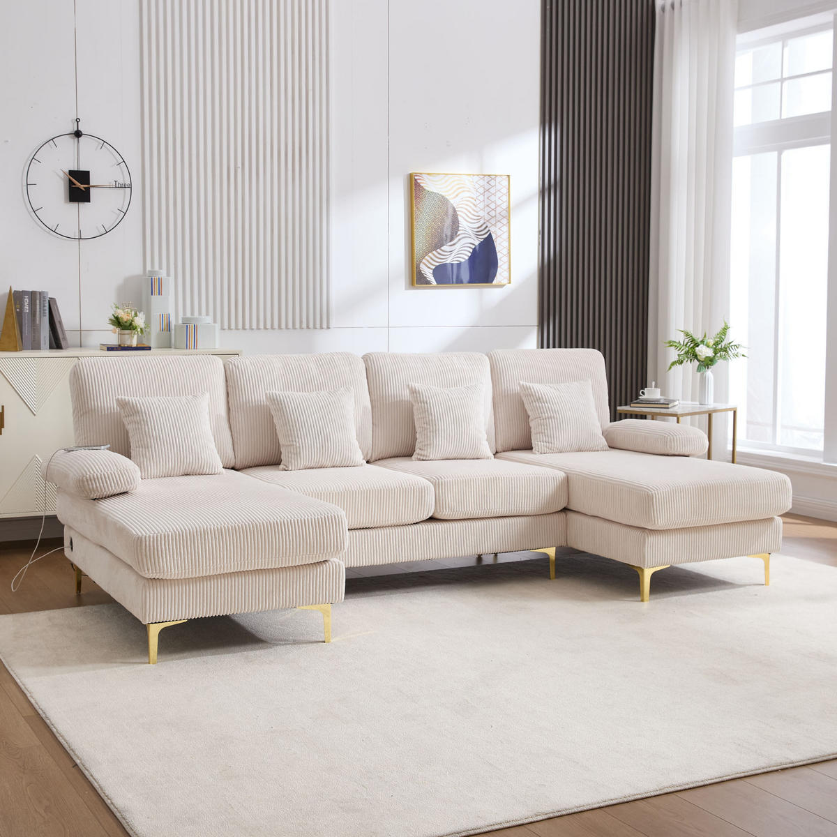 SEDACIA zostava v tvare U, 265/135/88 cm, zamat béžová, s LED osvetlením a USB portom - béžová, textil (135/88/265cm) - BEAOK