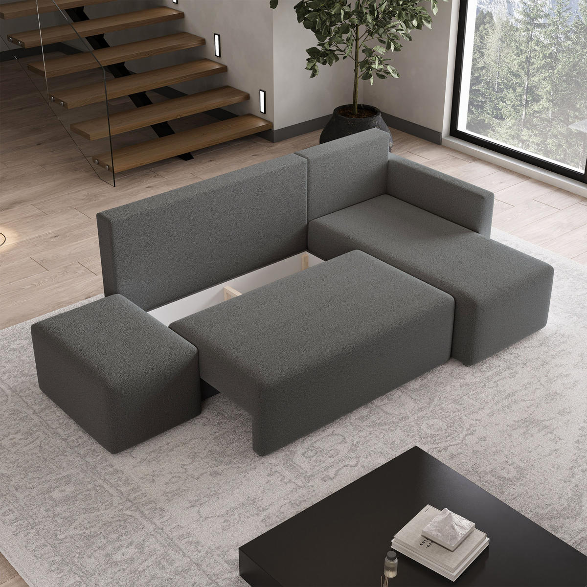 ECKSOFA VELOTTI R-S Grau Boucle-Stoff mit Schlaffunktion - Grau, Holz (261/143cm) - MASSENO