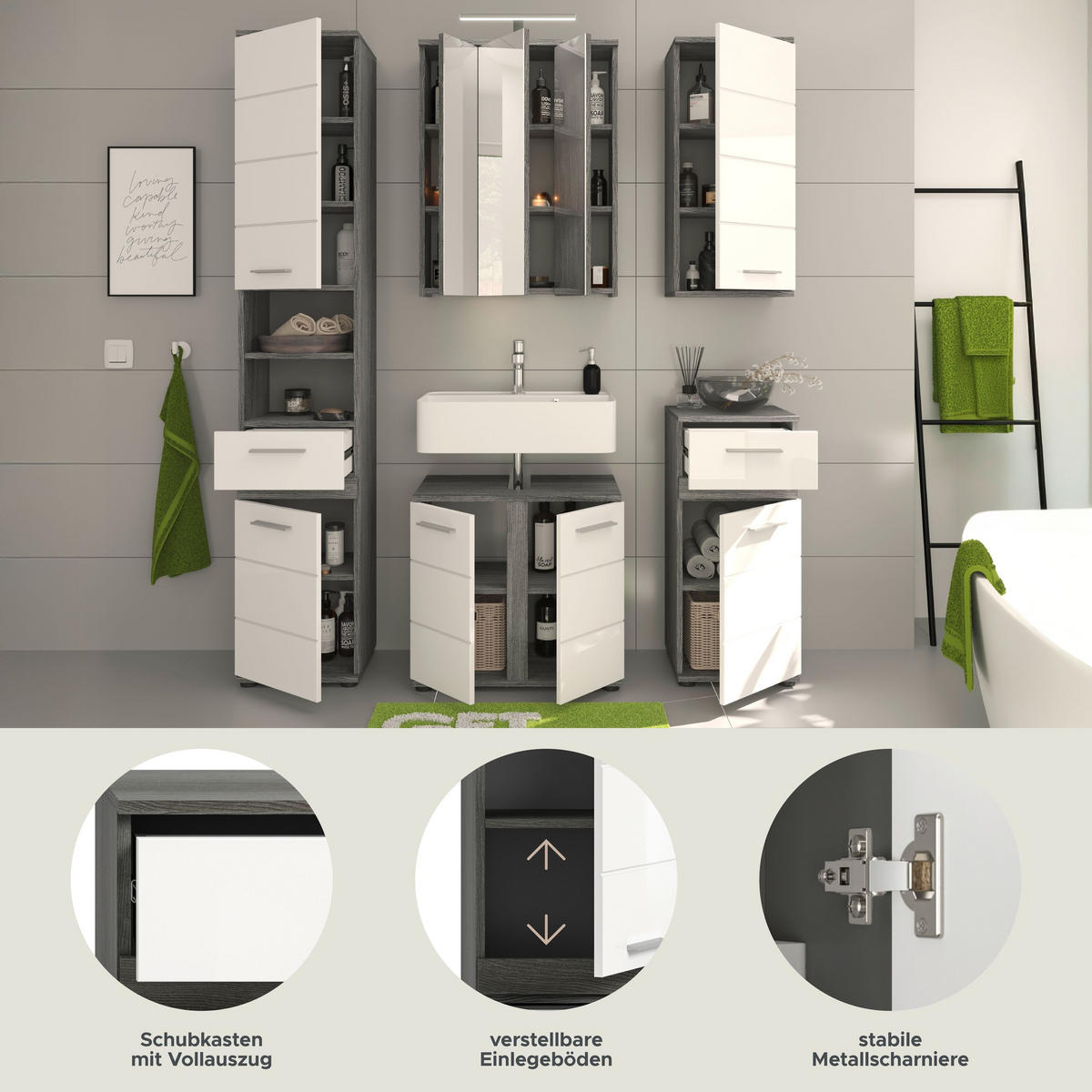 BADKOMBINATION 5tlg. inkl. Beleuchtung Blake Bad in Rauchsilber Nb. und weiß HG B/H/T: 164x191x34 cm - Anthrazit, Holz (164/191/34cm)