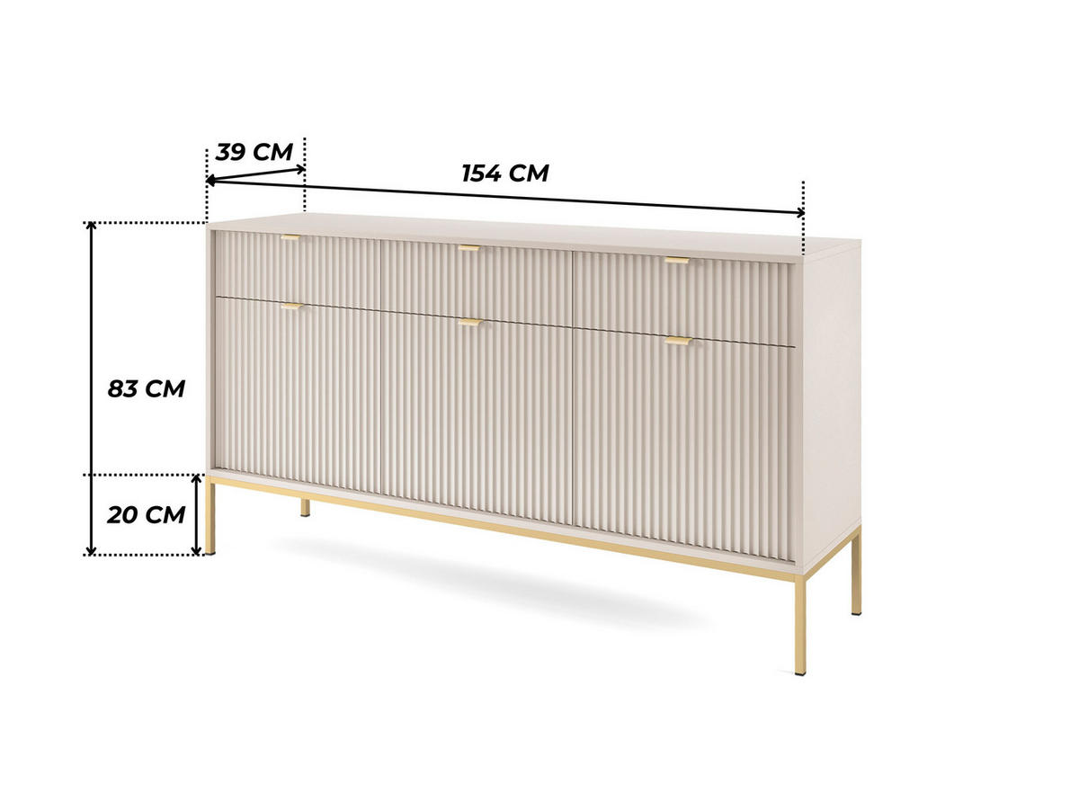 MODERNE Geriffelte Kommode KIOTO K3D3SZ (Kaschmir, Gold Gestell, Soft-Close Türen) - Kaschmir/Goldfarben, Holz/Holzwerkstoff (154/91/39cm) - Ravio