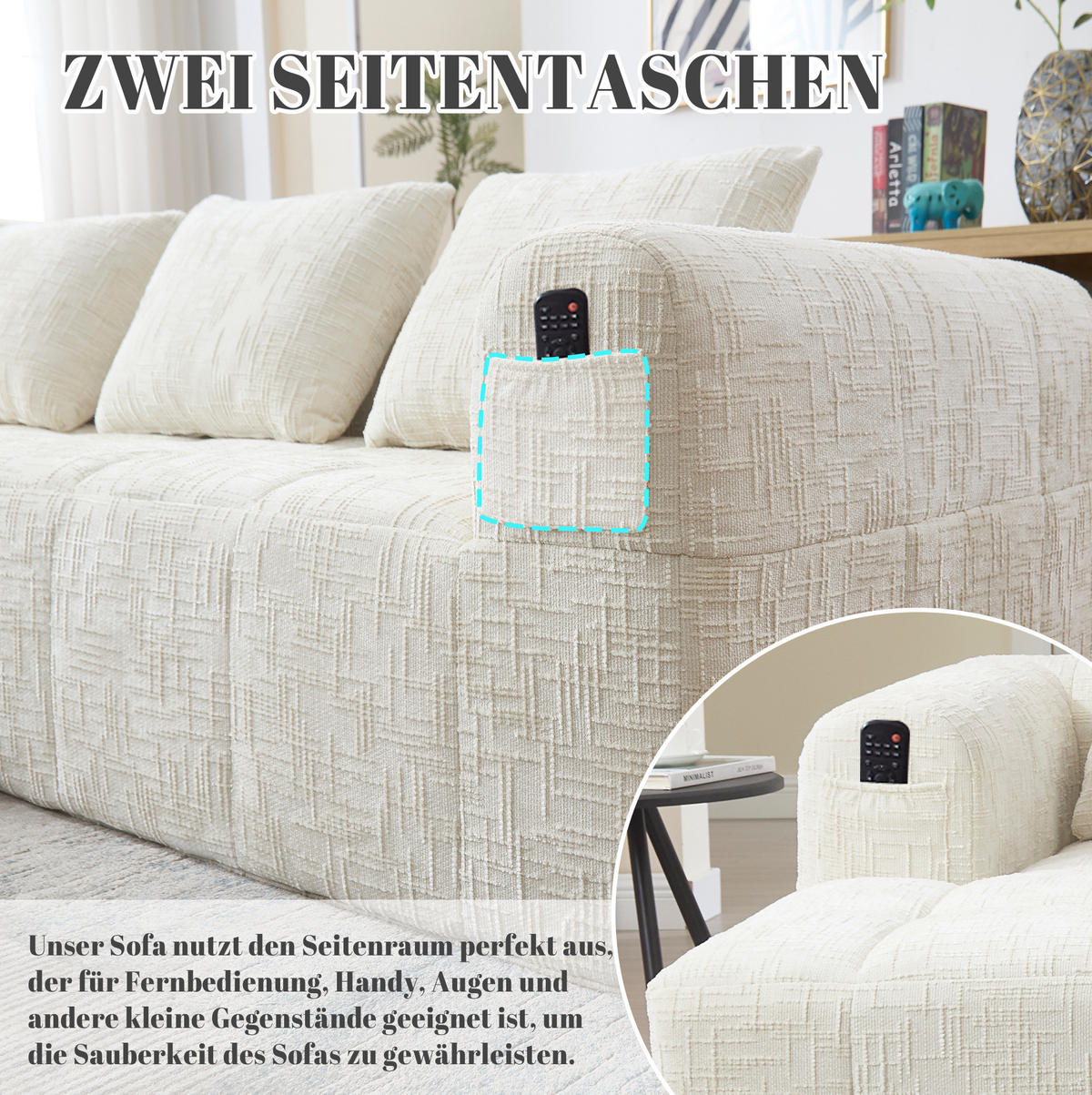 ECKSOFA 250/158/60 cm Beige aus Chenille mit Chaiselongue - Weiß, Textil (37/38.5cm) - OKMYHOME