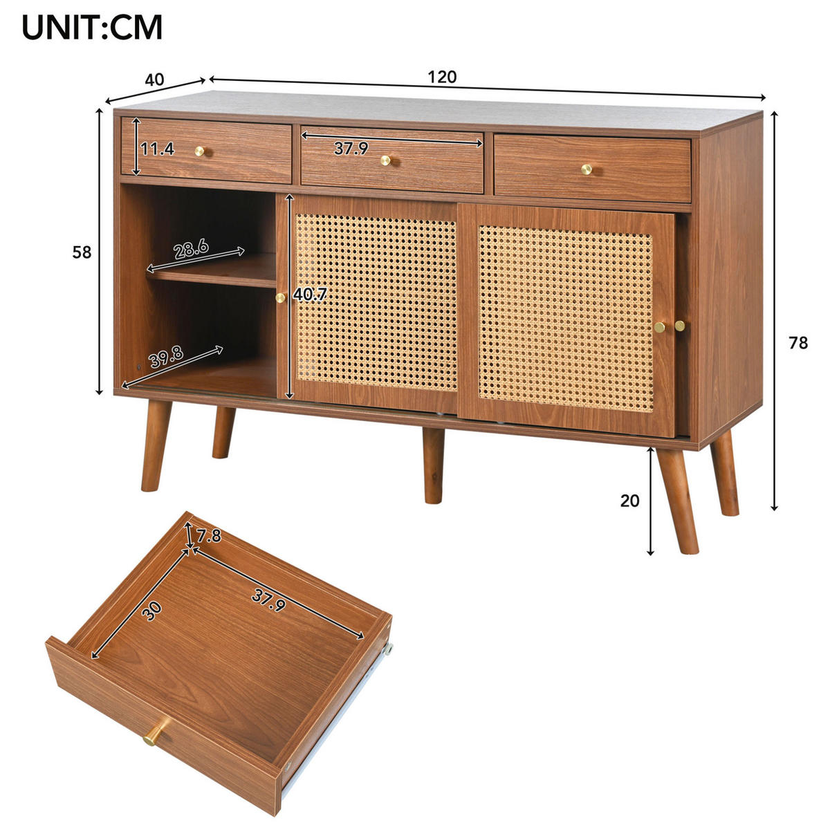 SIDEBOARD mit 3 Schubladen und 3 Türen 120 x 40 x 78 cm Walnut - Dunkelbraun, Holzwerkstoff (120/78/40cm) - Meubliv