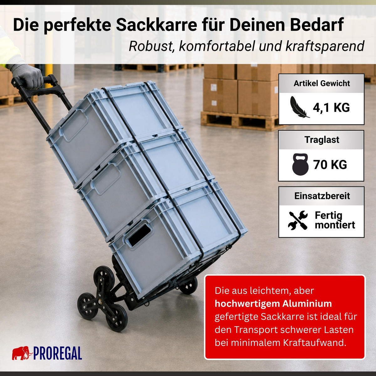 TREPPENSTEIGER Sackkarre Elephant klappbar 100x39x47cm Traglast 80kg AluminiumrahmenTRR Fachgummiräder Schwarz - Schwarz, Metall (47/39/100cm) - PROREGAL