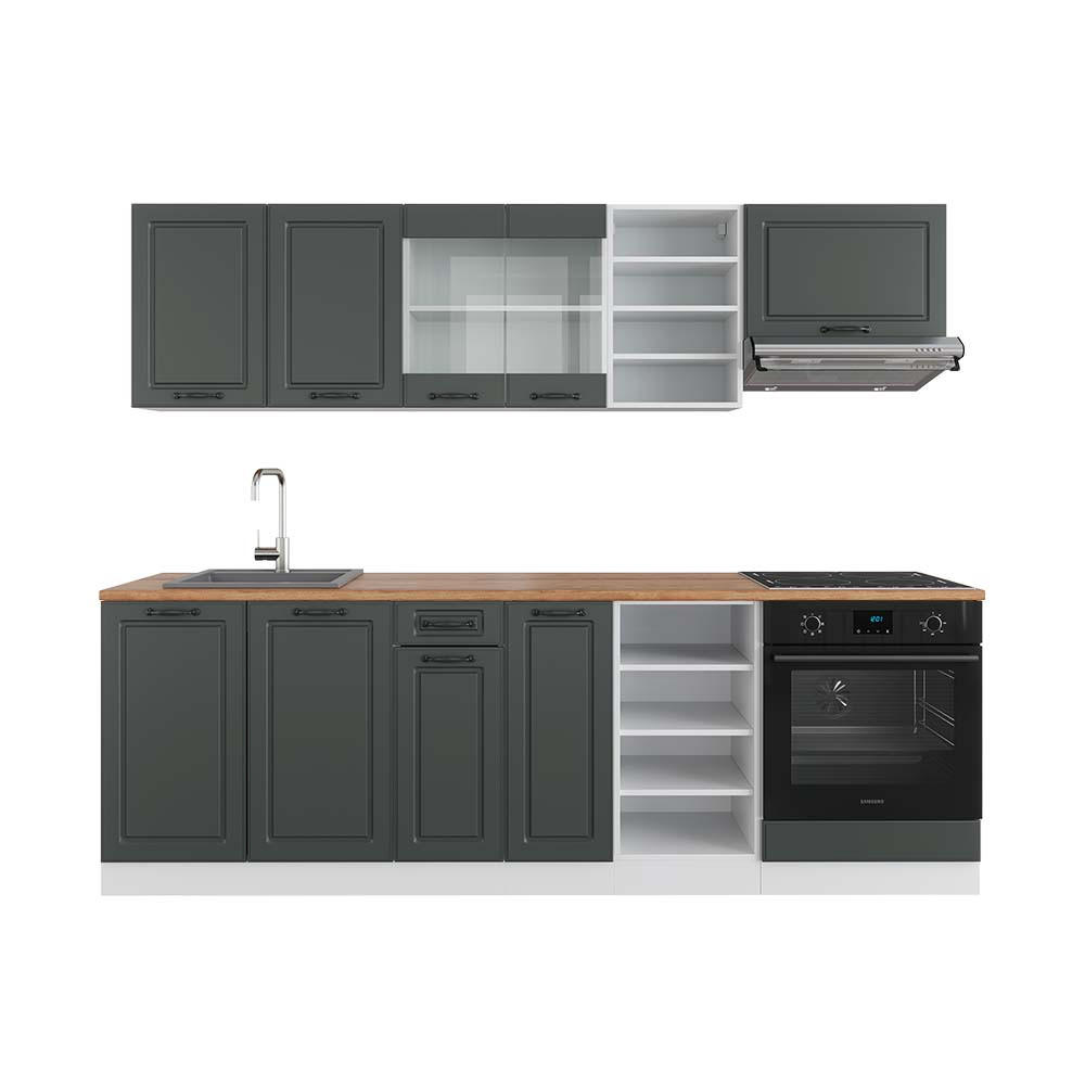 KÜCHENZEILE R-Line Anthrazit Landhaus/Weiß 240 cm, AP Eiche - Dunkelgrau/Weiß, Holzwerkstoff (240/81.6/60cm) - Vicco