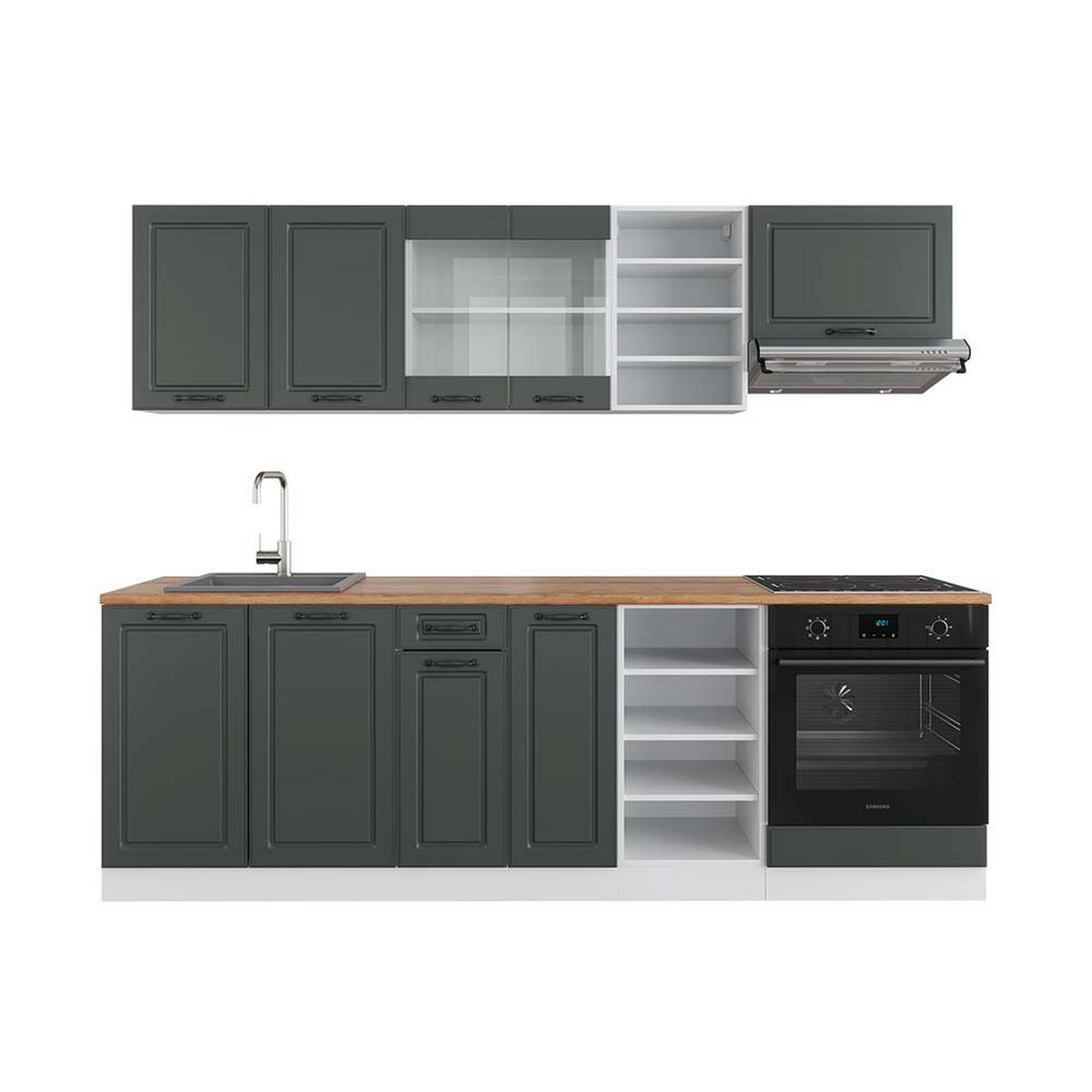 KÜCHENZEILE R-Line Anthrazit Landhaus/Weiß 240 cm, AP Eiche - Dunkelgrau/Weiß, Holzwerkstoff (240/81.6/60cm) - Vicco