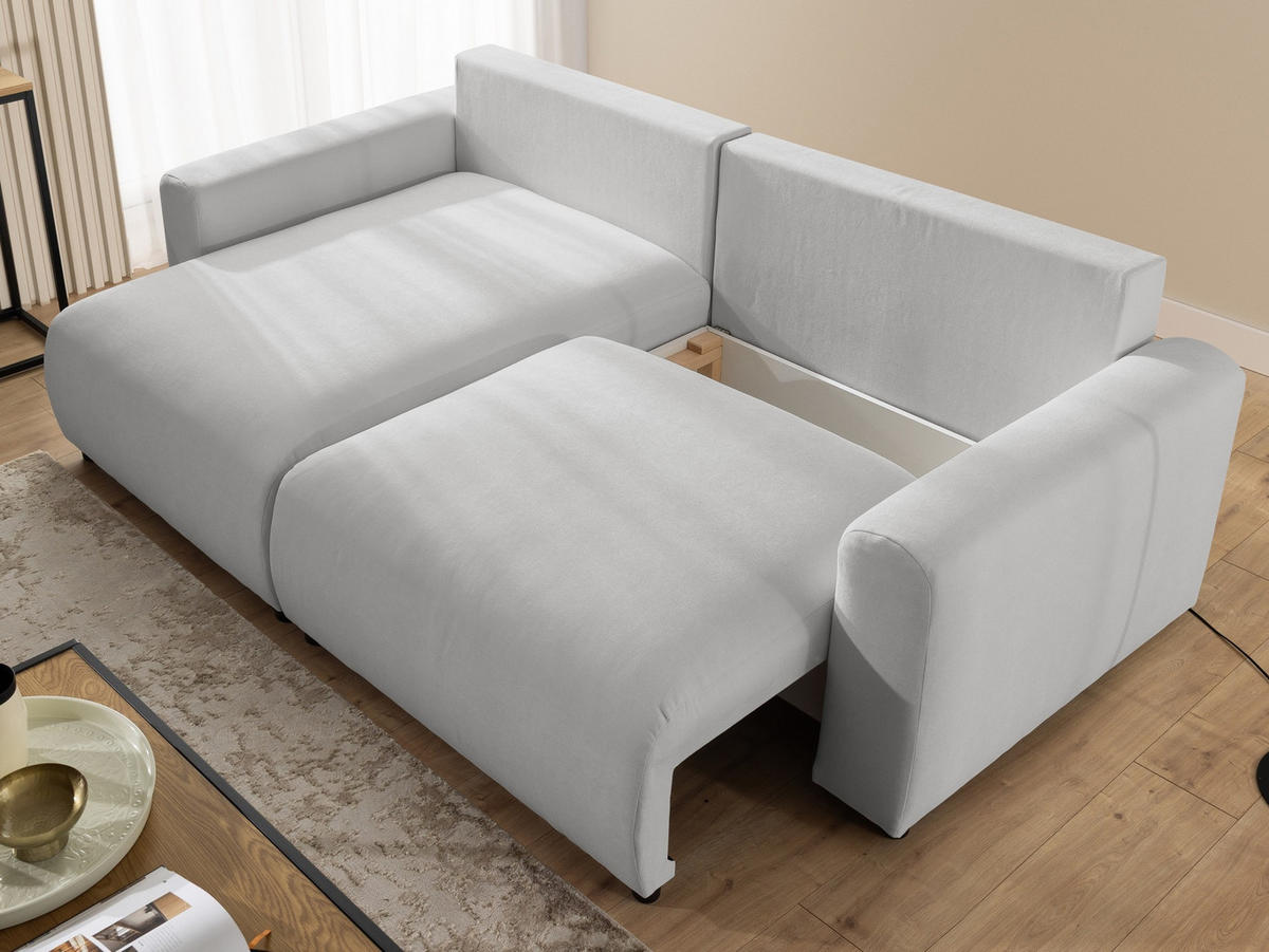 ECKSOFA Calma mit Schlaffunktion und Bettkasten im Bumpy-Design aus weichem Grau Webstoff - Ottomane links - Schwarz/Grau, Holz/Kunststoff (239/140cm) - S-Style