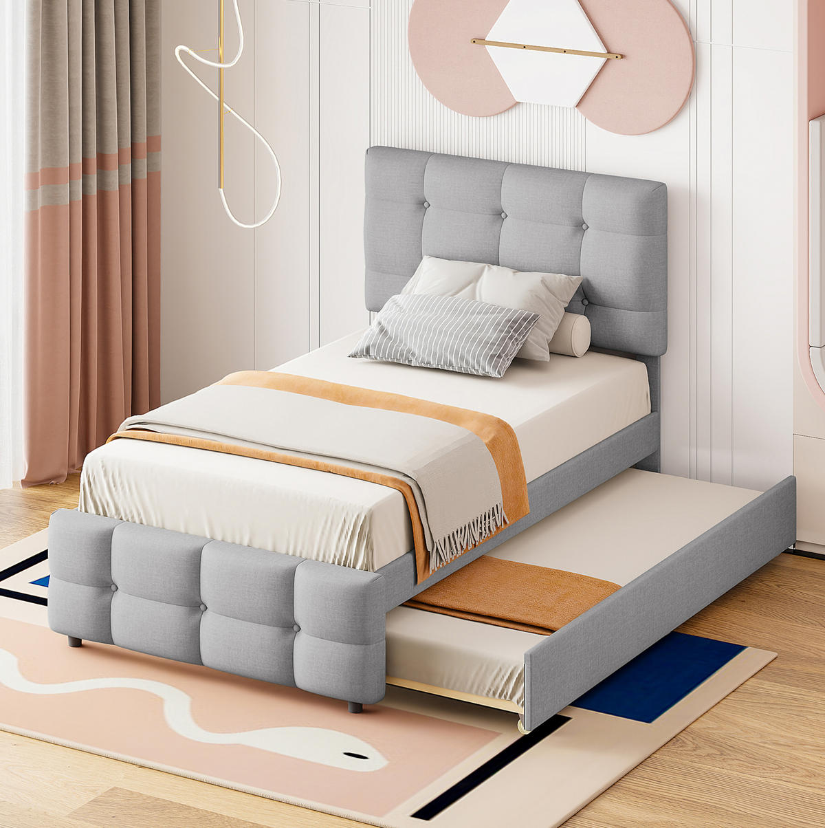 POLSTERBETT 90/200 cm mit Ausziehbett und verstellbarem Kopfteil, Grau - Grau, Textil (90/200cm) - BEAOK