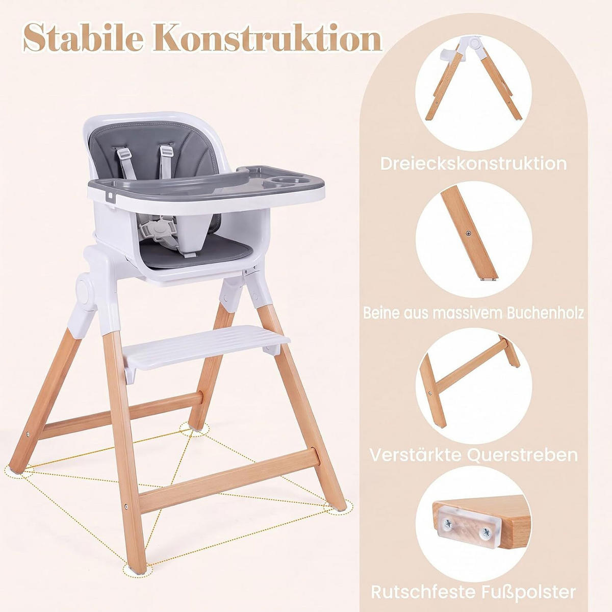 KINDERHOCHSTUHL mit Tablett grau - Grau, Holz (71/93/58cm) - COSTWAY