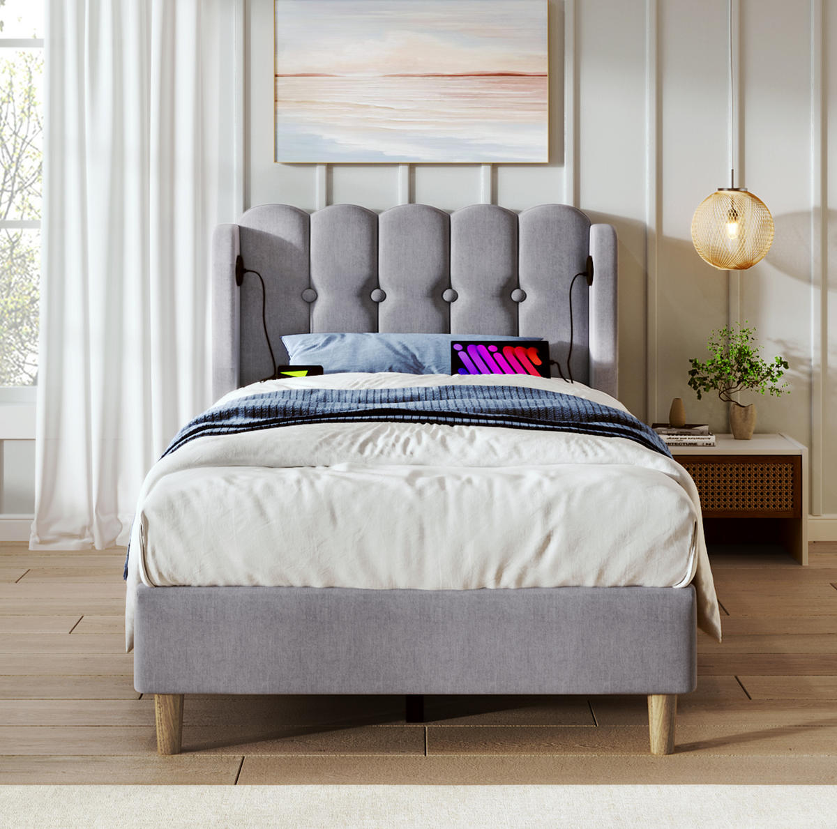 POLSTERBETT 90/200 cm Grau mit USB- und Type-C-Anschlüssen, Leinenbezug - Grau, Textil (90/200cm) - Flora Grace