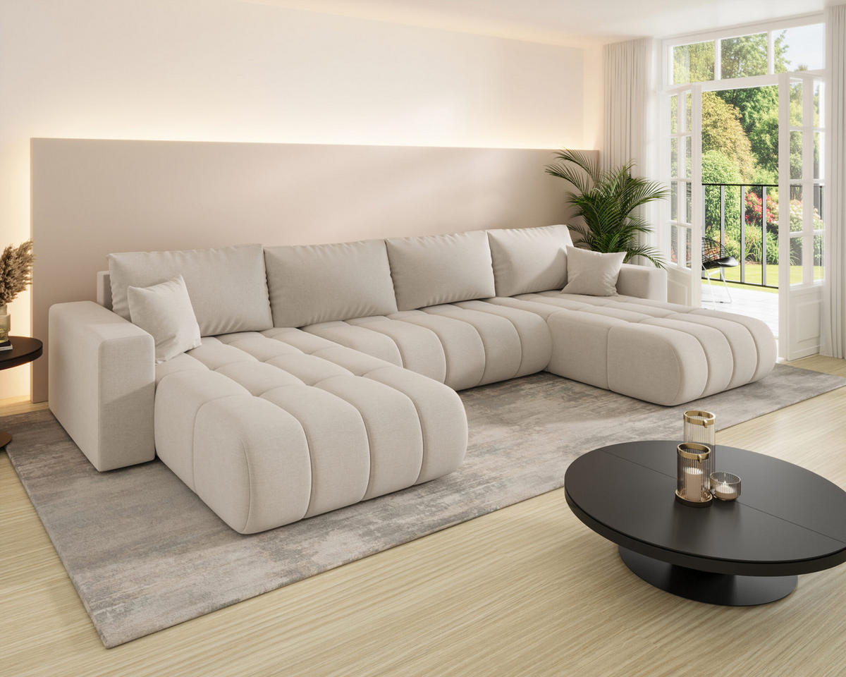 ECKSOFA mit schlaffunktion und bettkasten MILO U PREMIUM, stoff WIND, Beige - Beige, Holz (384/190cm) - Kaiser Möbel