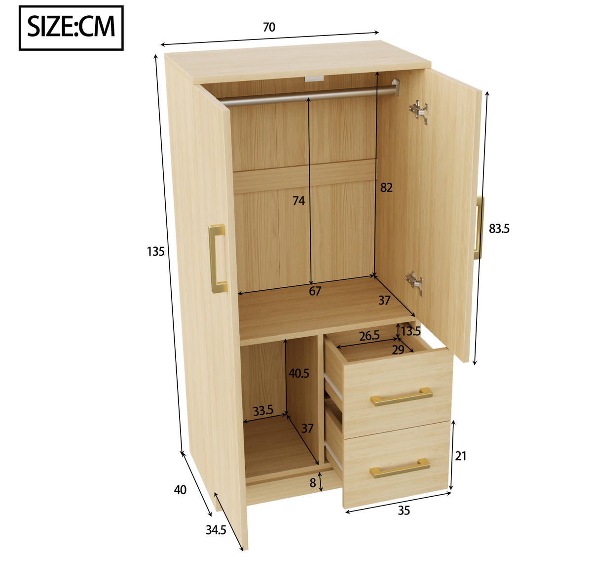 KLEIDERSCHRANK 70/135/40 cm in Holzfarbe aus Holz mit 2 Schubladen - Naturfarben, Holz (40/135/70cm) - OKMYHOME