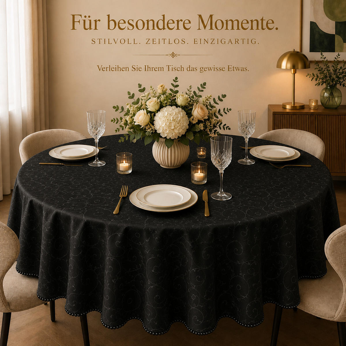 TISCHDECKE 160/400 cm oval Ornamente Schwarz - Schwarz, Textil (160/400cm) - TiborTex