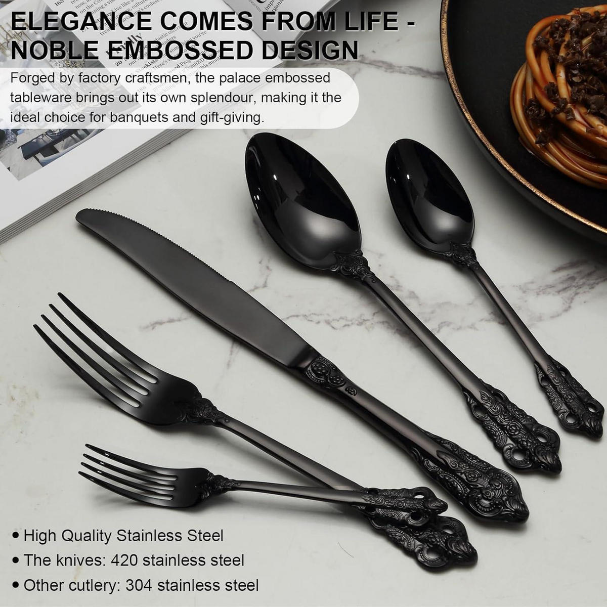 BESTECKSET 30-teiliges Set Schwarz Mattiert Edelstahl Geprägte Griffe Spülmaschinenfest - Schwarz, Metall