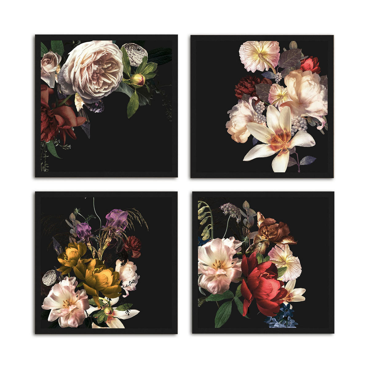 BILDER-SET mit Rahmen 4 x 30x30 cm Vintage Blumen schwarz - Gelb, Holz (30/30cm) - artissimo