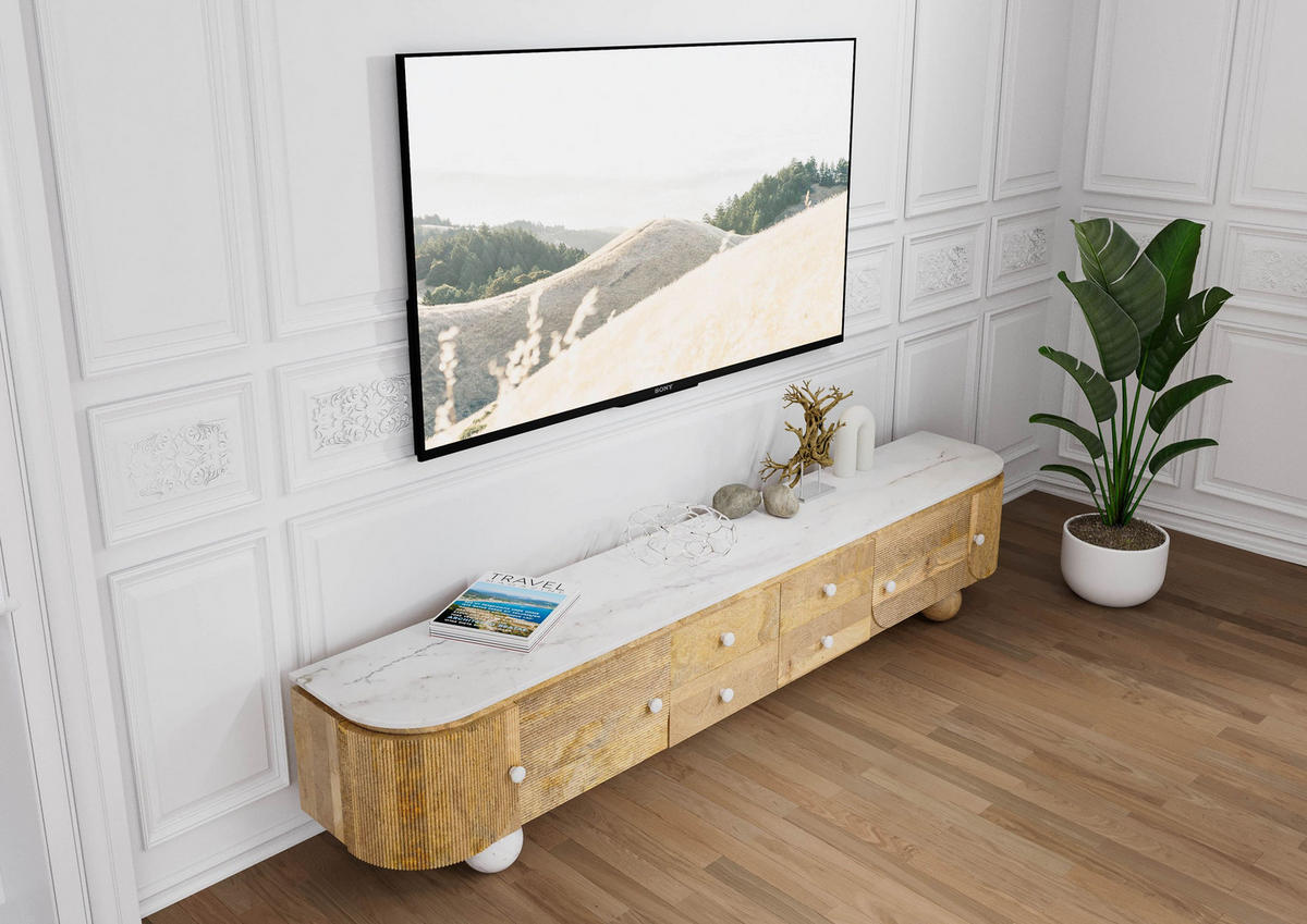 TV-BOARD Mango 240x40x50 natur lackiert / Marmor weiß FLORENZ #103 - Naturfarben, Holz (240/50/40cm) - Massivmoebel24