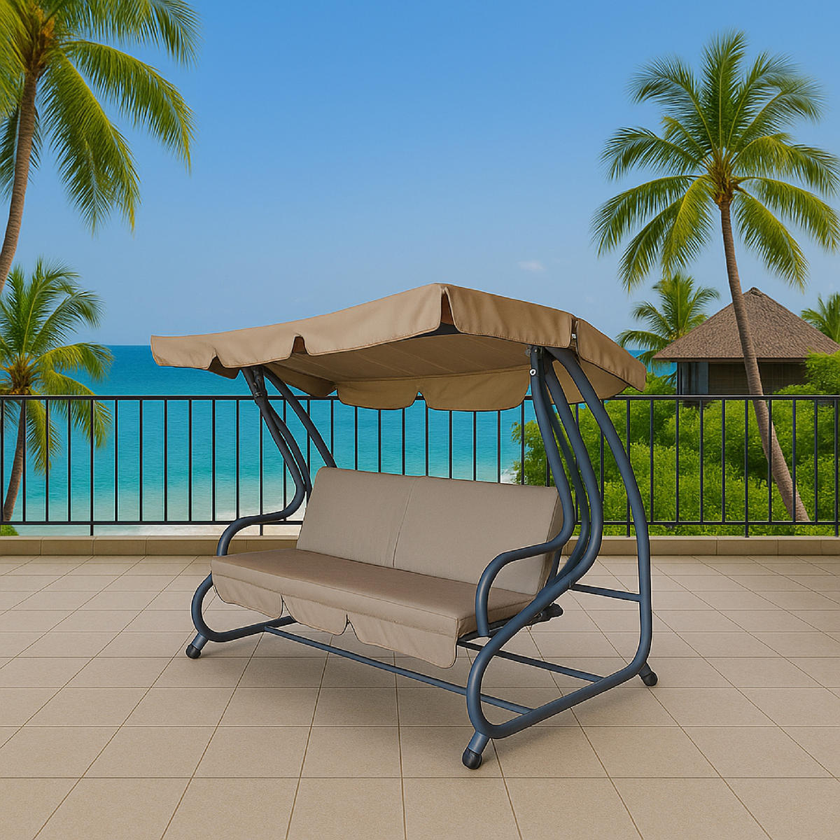 HOLLYWOODSCHAUKEL mit Liegefunktion, 4-Sitzer MILANO, Farbe: grau / creme - Grau, Metall (232/164/120cm) - TPFGarden