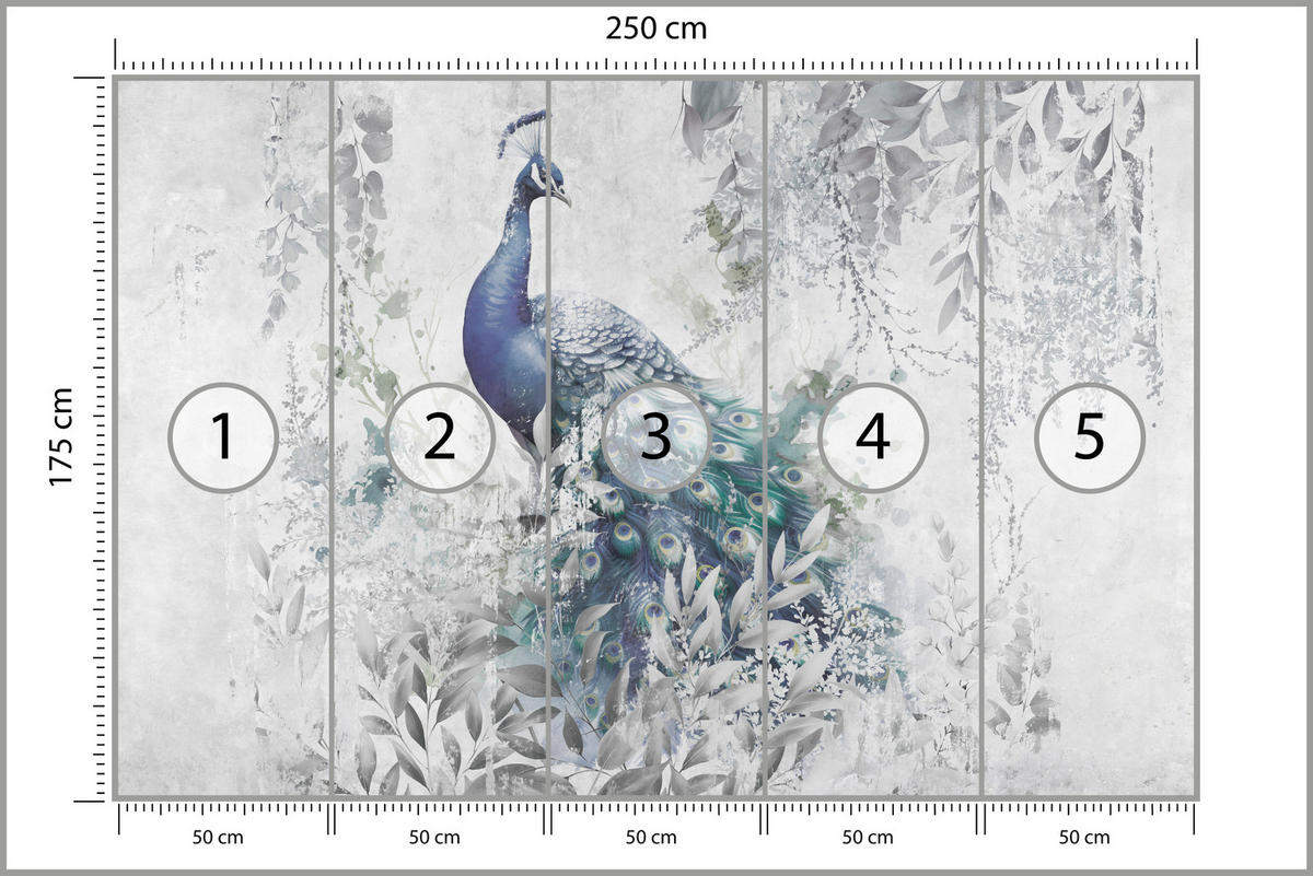 FOTOTAPETE für Schlafzimmer Abstrakte Vogel Pfau Beton Blätter 250x175 - Türkis/Blau, Papier (250/175cm) - Muralo
