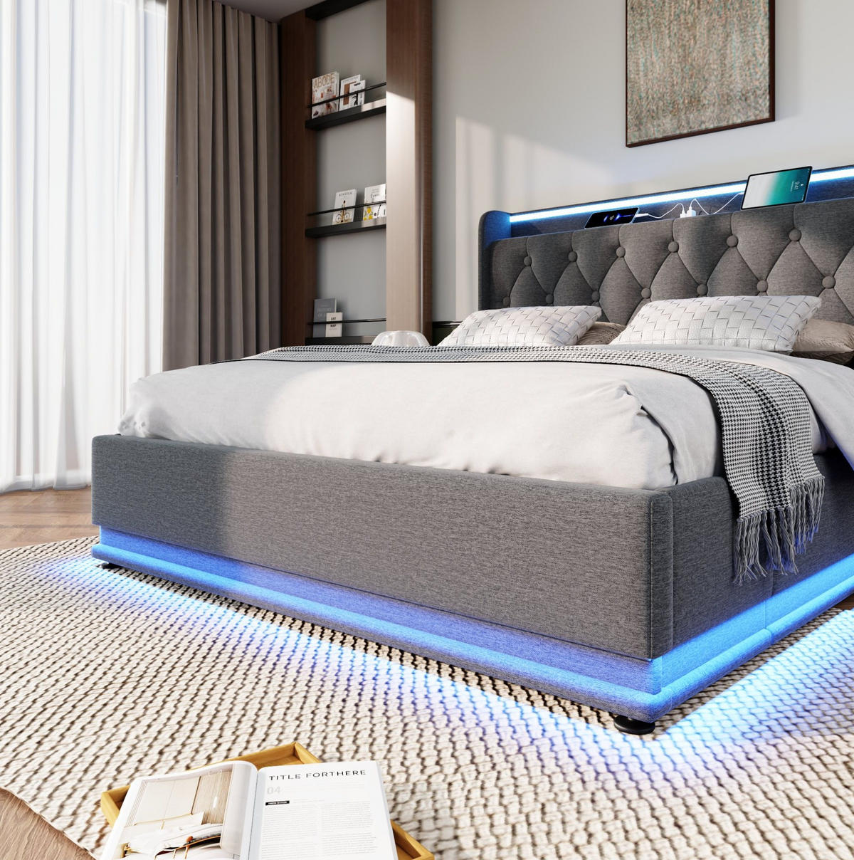 POLSTERBETT 160/200 cm Grau aus Leinen mit LED und Stauraum - Grau, Textil (160/200cm) - OKMYHOME