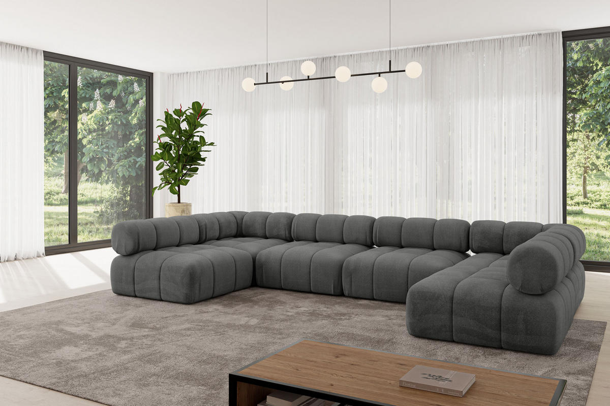 WOHNLANDSCHAFT modulares Sofa Garvo-U2 - 380x190x70 cm Dunkelgrau Velours - Dunkelgrau, Holzwerkstoff/Textil (380/70/190cm) - ALTDECOR