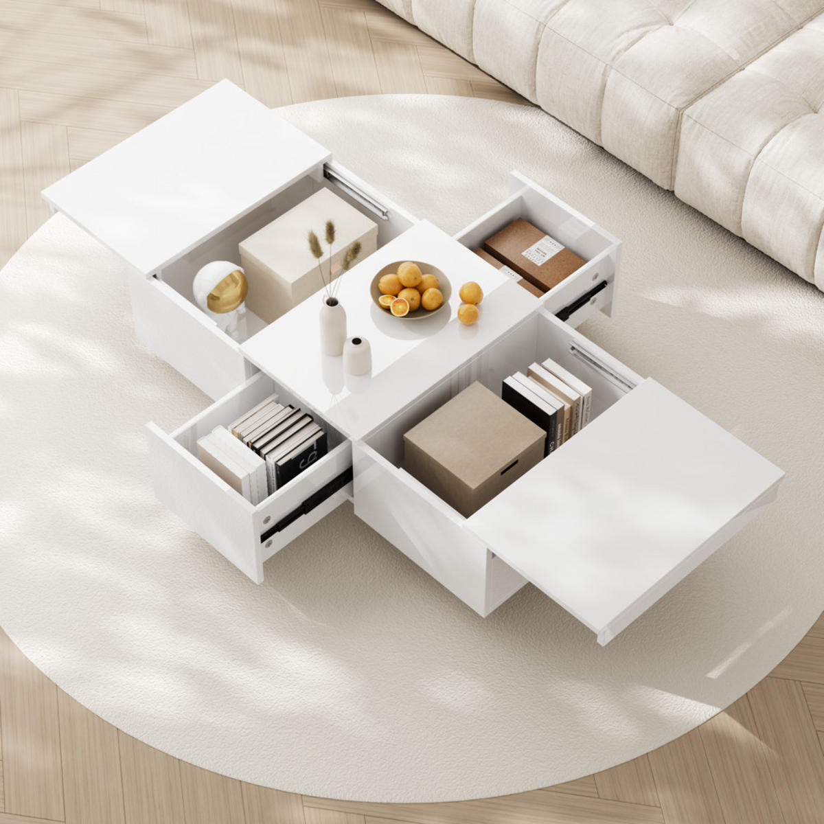 COUCHTISCH Hochglanz Push-Pull Aufbewahrung Doppelseitige Schubladen - Weiß, Holz (112/55/14.5cm) - FLIEKS