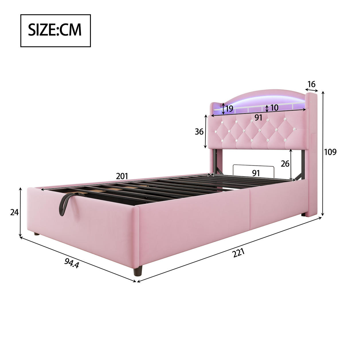 ČALÚNENÁ posteľ z látky 90x200 cm ružová s LED osvetlením, USB-C a úložným priestorom - pink, textil (90/200cm) - Modfu
