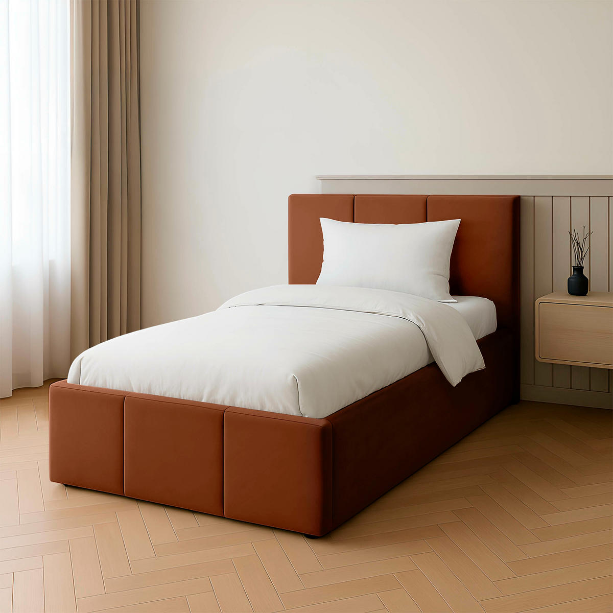 POLSTERBETT für Schlafzimmer Bett mit Stauraum Honigfarbe 90x200cm Kopfteil 120cm - Honig, Holzwerkstoff/Metall (90/200cm) - Muralo