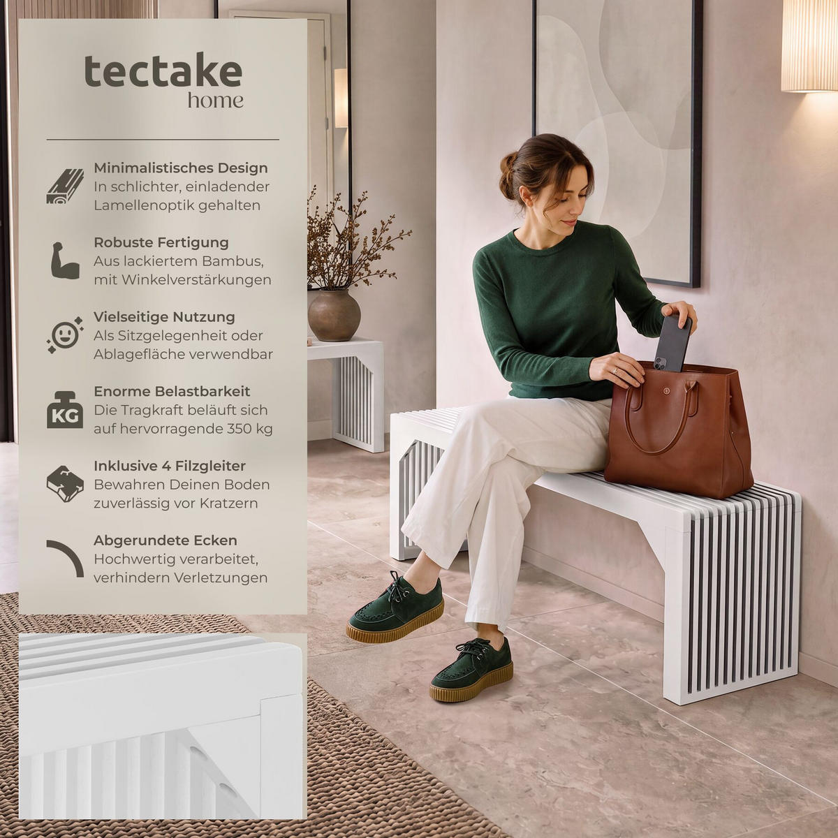 SITZBANK Ribb, Belastbarkeit 350 kg, weiß - Weiß, Holz (104/43/35cm) - tectake