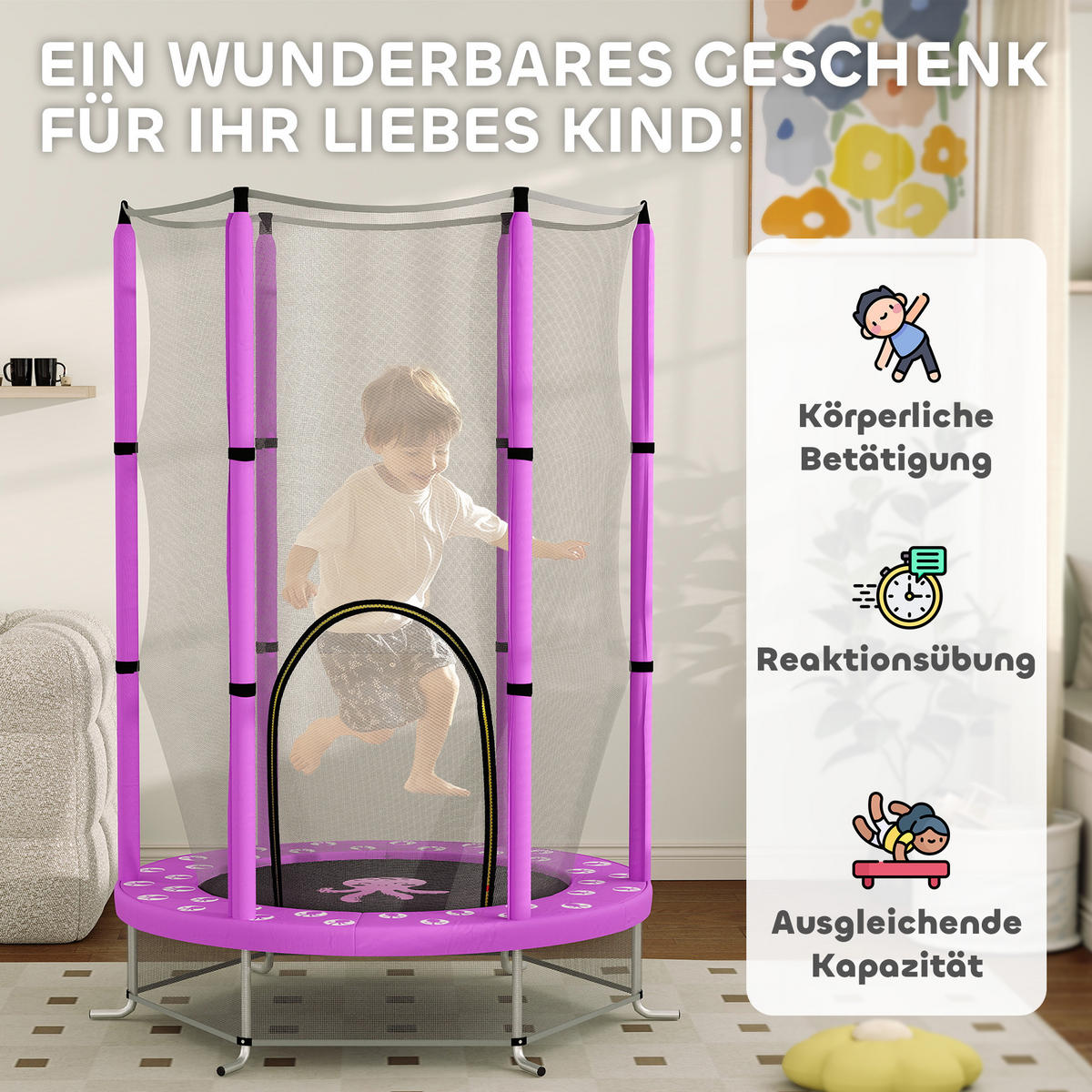 KINDER TRAMPOLIN, Violett, Stahl, Kunststoff - Violett, Metall (140/140cm) - AIYAPLAY