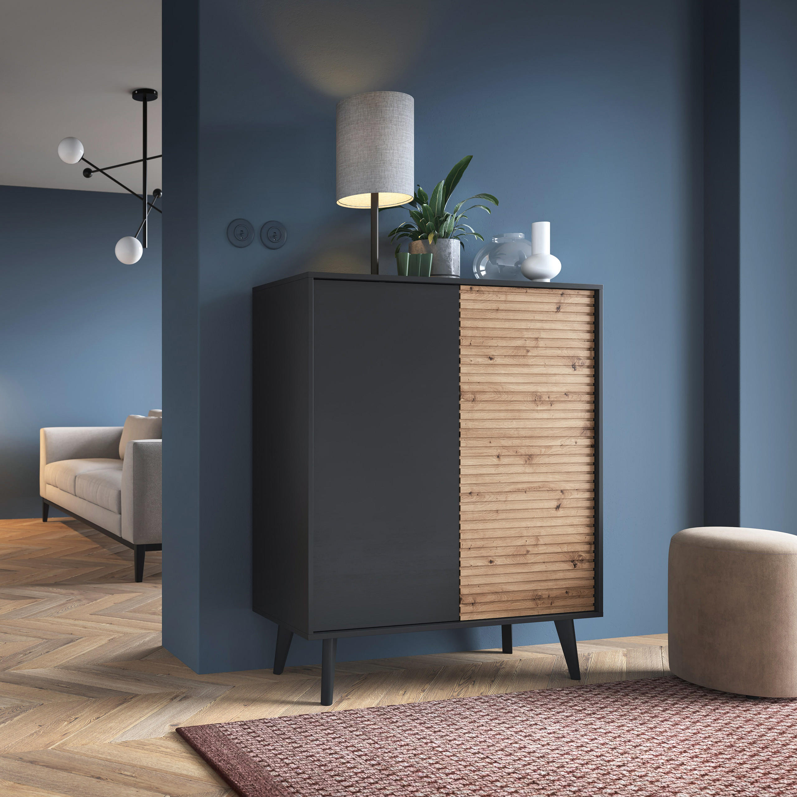 HIGHBOARD VILLETTA 104/125/39 cm mit 2 Türen Schwarz - Schwarz/Eiche Artisan, Holzwerkstoff (104/125/39cm) - MASSENO