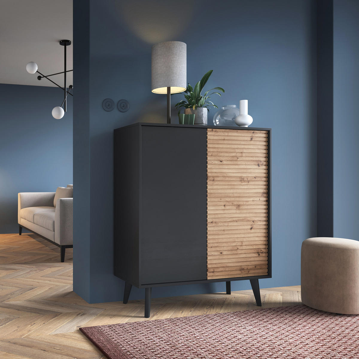 HIGHBOARD VILLETTA 104/125/39 cm mit 2 Türen Schwarz - Schwarz/Eiche Artisan, Holzwerkstoff (104/125/39cm) - MASSENO