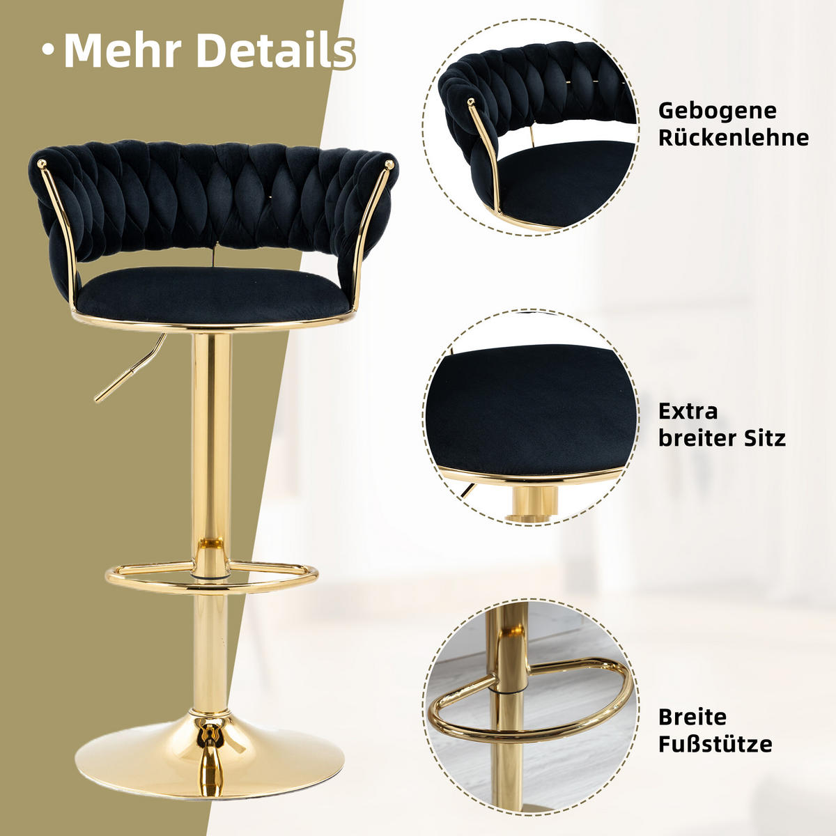 BARHOCKER 2er-Set 360° drehbar mit Samtbezug - Schwarz, Textil (54/78/46cm)