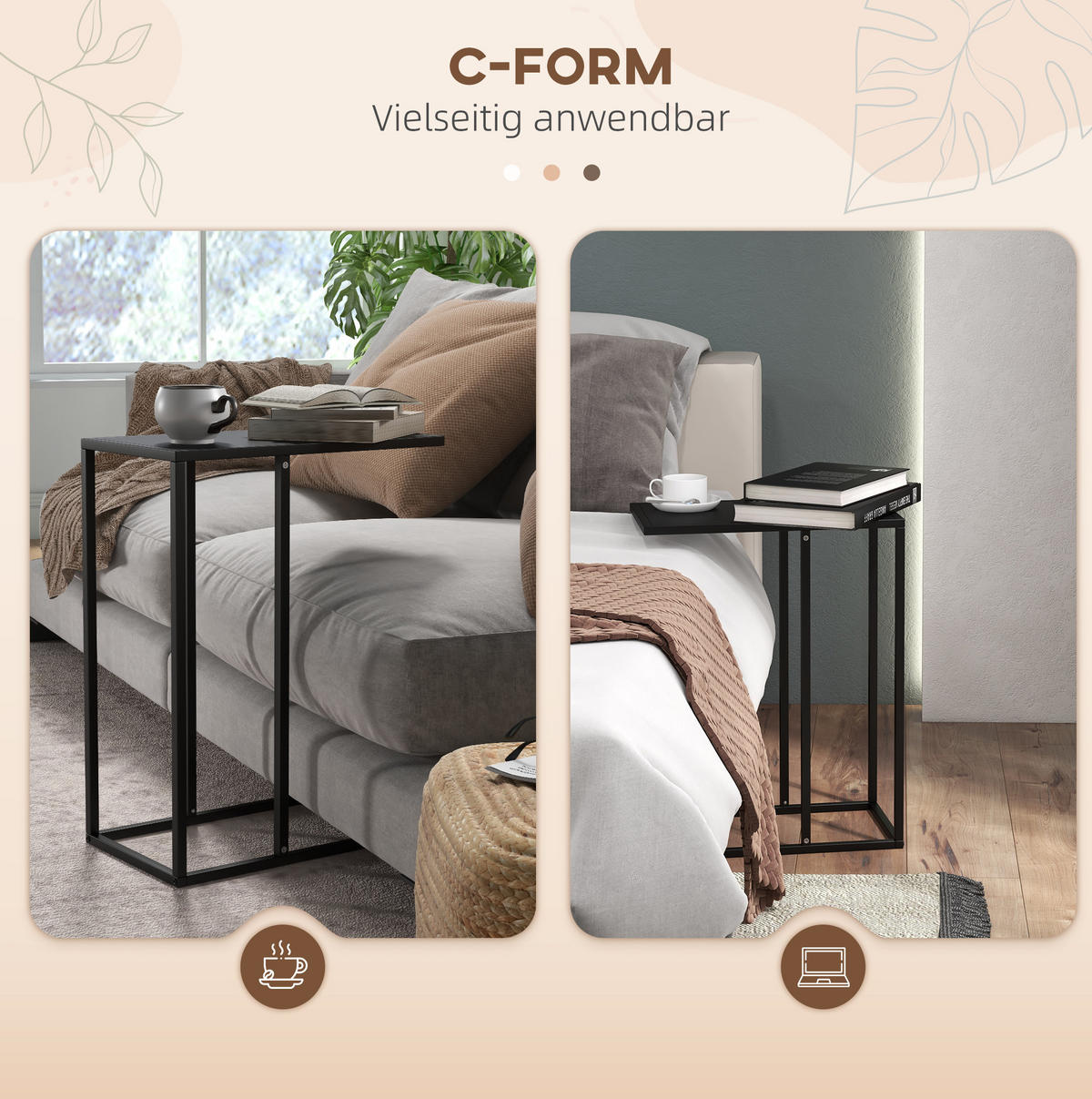 BEISTELLTISCH 46/26/60 cm in Schwarz aus Stahl in C-Form - Schwarz, Metall (26/46/60cm) - Flora Grace