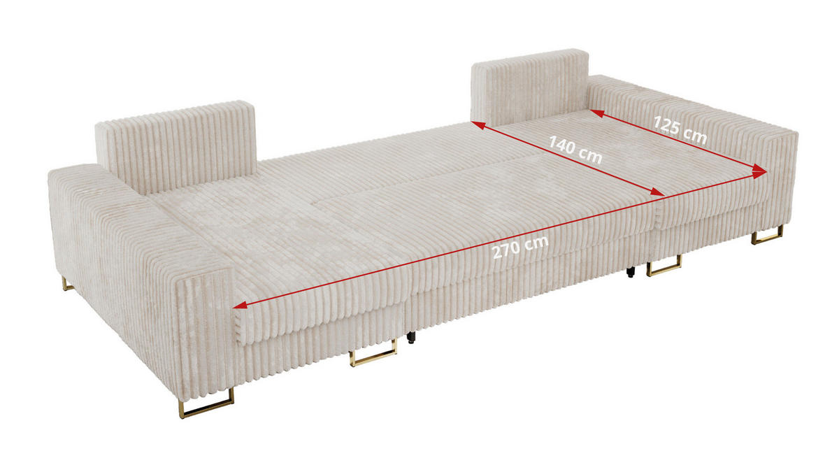 WOHNLANDSCHAFT DORIAN U Cord Beige - Beige/Goldfarben, Textil/Metall (312/95/138cm) - MKS