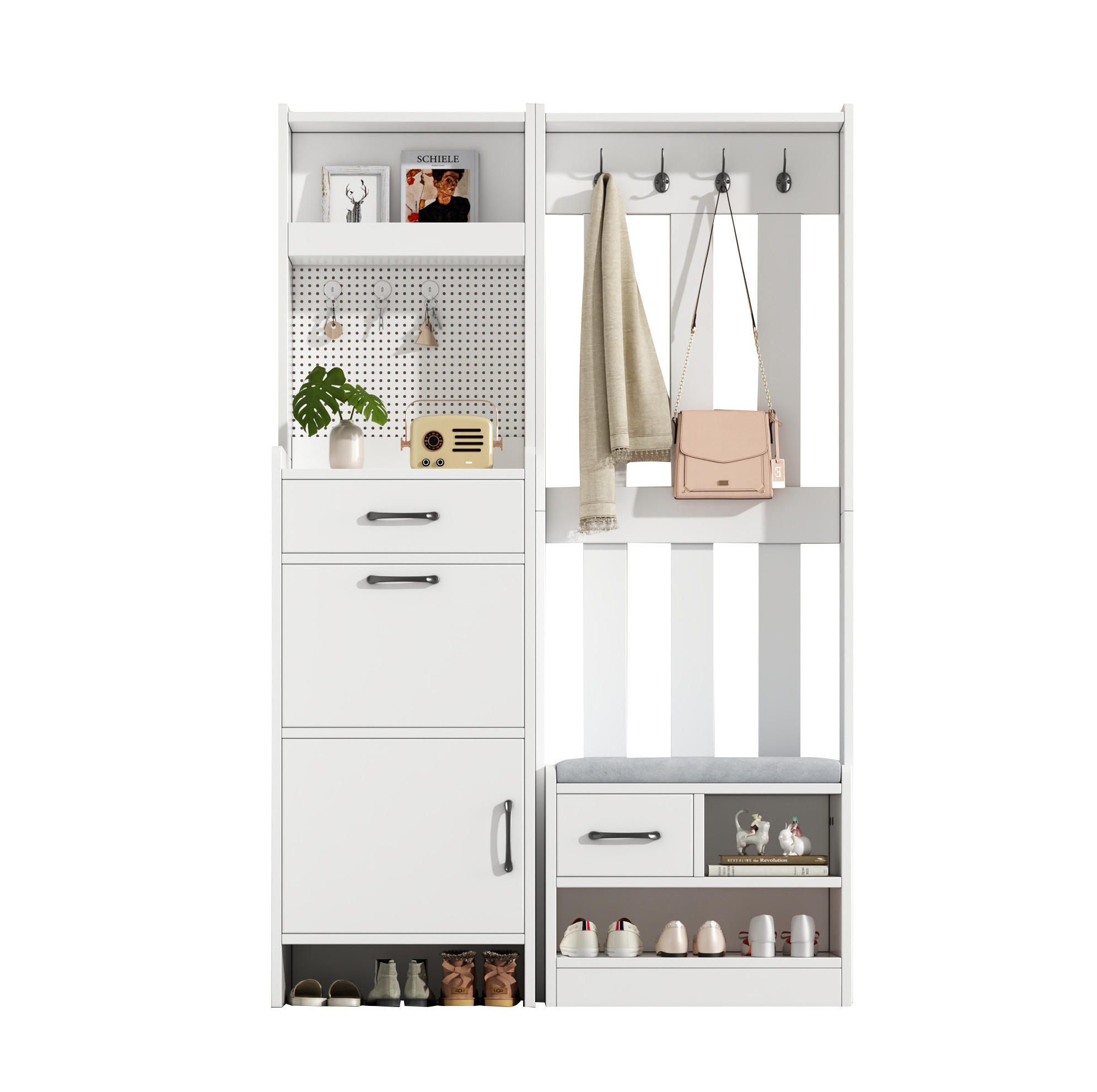GARDEROBE 110/35/175,5 cm aus Spanplatte mit Schuhbank und 7 Haken Weiß - Weiß, Holzwerkstoff (110/175.5/35cm) - Modenvie