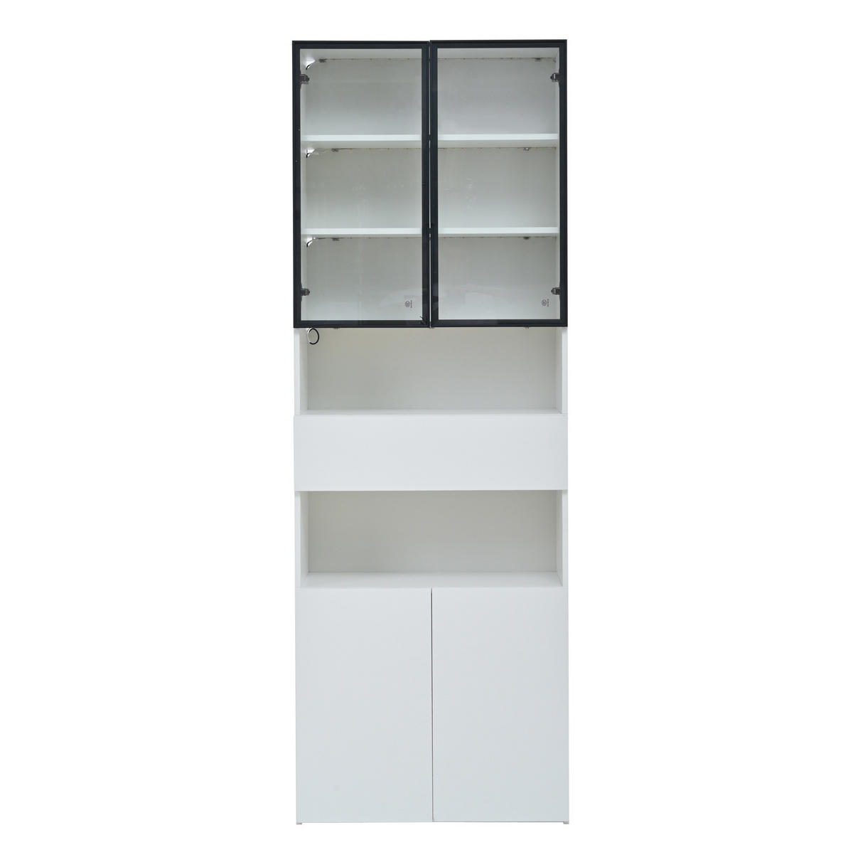 VITRINE 70/30/200 cm aus Spanplatte mit LED-Beleuchtung, Glastüren, Schublade und Unterschrank, Weiß - Weiß, Holzwerkstoff (70/200/30cm) - Redom
