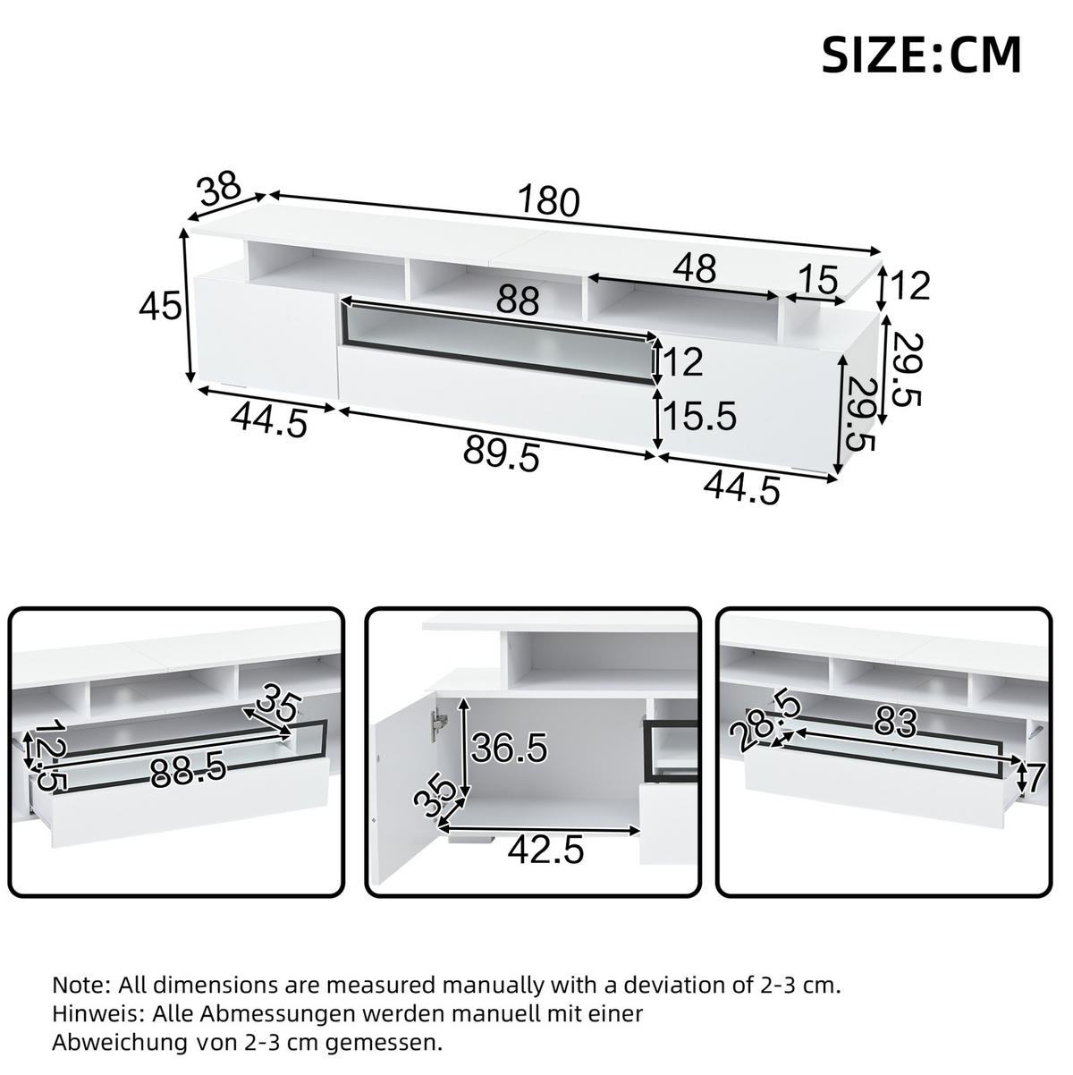 TV-LOWBOARD aus Spanplatte 180x38x45 cm Weiß mit LED-Beleuchtung, 2 Schränken, 1 Schublade und Hochglanzfront - Weiß, Holzwerkstoff (180/45/38cm) - Modfu